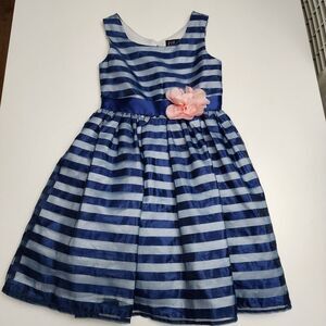 Girls Striped Navy Blue & Pink Flower Elegant Formal Lilt Dress Size 7